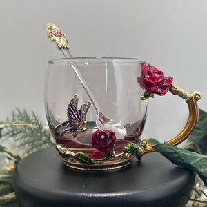 ARC Of France Jeweled Enameled Tea Cup Coffee Mug Clear Glass With Spoon 4"